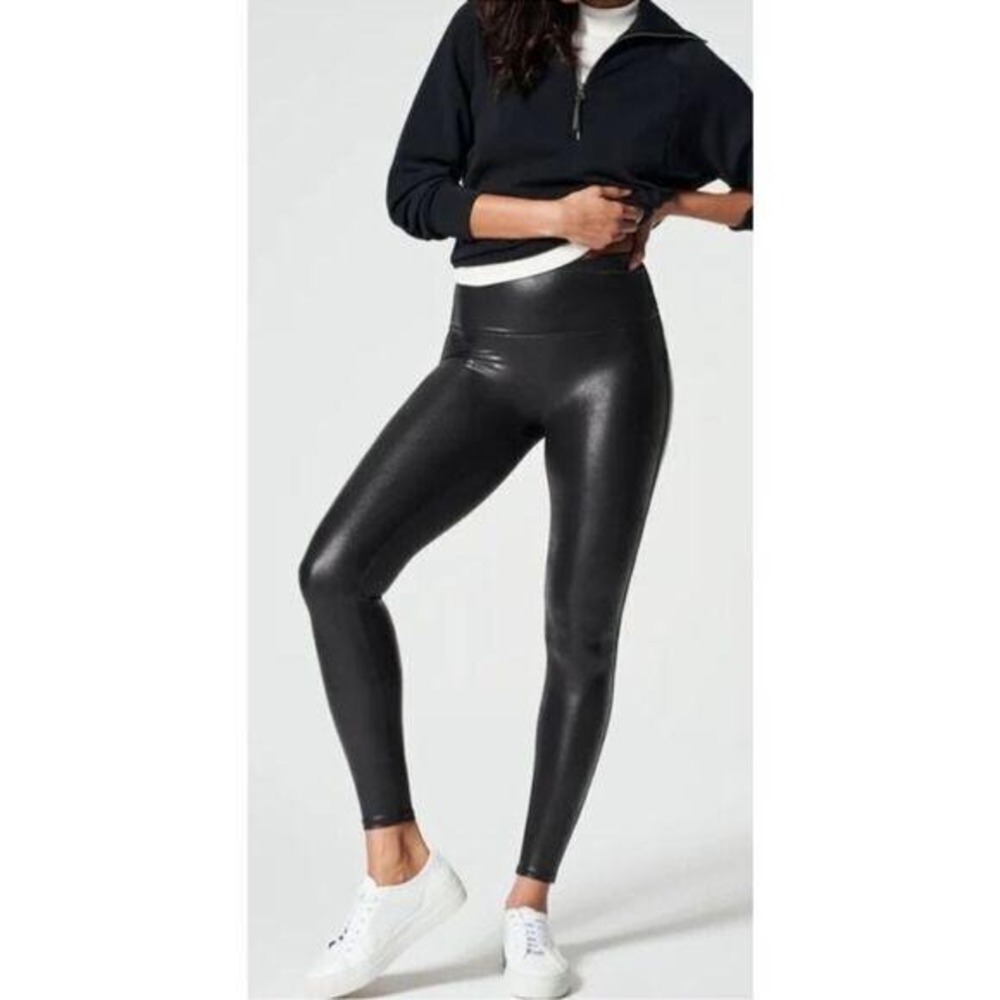 Spanx Faux Leather Leggings Size Small Black Compression Shimmery Sleek Edgy